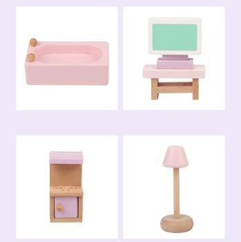 Großhandel B2B Kinderspielhaus Puppenhaus Möbelset Mini Rosa Spielset aus Holz